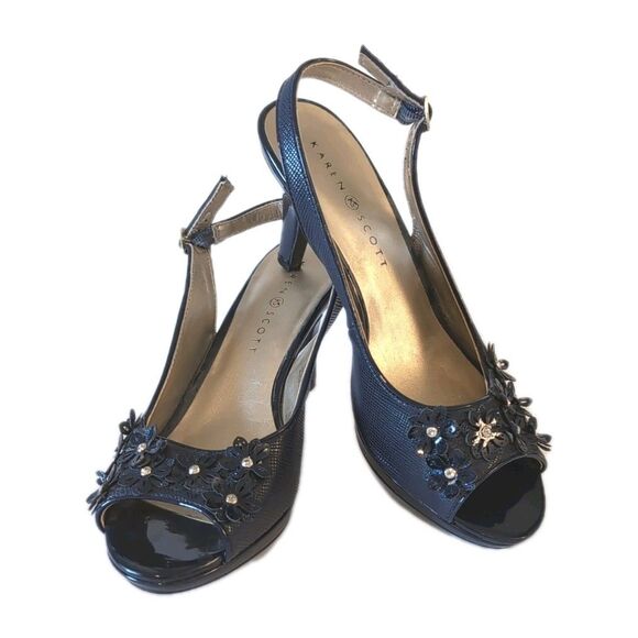 Karen Scott Navy Blue Women's Embellished Heels Size 8M Open Toe - Picture 1 of 11